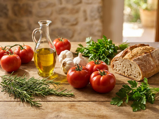ingredientes frescos y naturales sobre una mesa de cocina